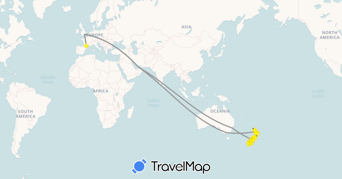 TravelMap itinerary: driving, plane, hiking, boat in United Arab Emirates, Australia, France, United Kingdom, New Zealand (Asia, Europe, Oceania)